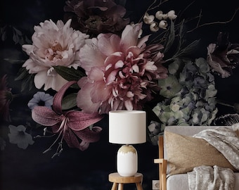 Dark Floral Peony Wallpaper Watercolor Boho Botanical Wall Mural Removable