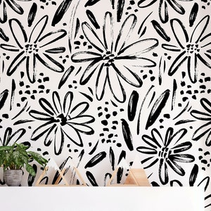 Wall Art Peel and Stick, Black and White Floral Wallpaper, Abstract Wallpaper for Bedroom, Modern Scandinavian Wall Art for Home Decor