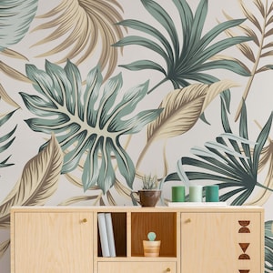 Boho Tropical Wallpaper, Green Beige Leafy Wall Covering, PVC Free Wallpaper, Traditional and Prepasted Wall Mural, Self Adhesive Wallpaper