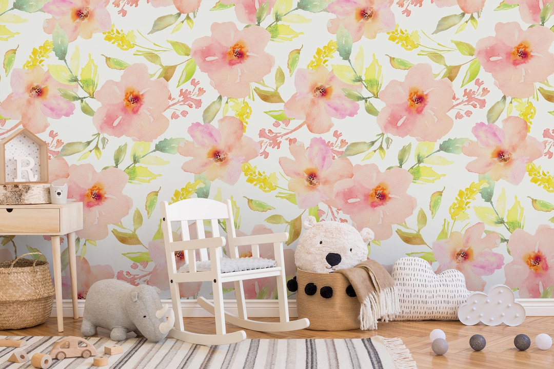 Floral Mural, Watercolor Wallpaper, Nursery Pink Flower Mural, Vinyl