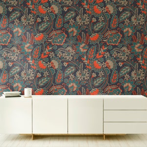 Paisley Victorian Wallpaper, Blue Orange Floral Wallpaper, Banaras Indian Theme Peel And Stick Wallpaper, Folk Art Prints, Vintage Wallpaper