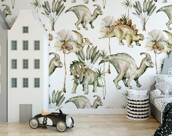 Watercolor Dinosaur Jungle Wallpaper Mural Removable Nursery Wall Decor