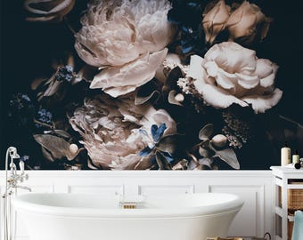 Dark Floral Peony Wallpaper Removable Chinoiserie Botanical Wall Mural Peel and Stick