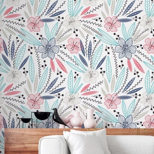 Flowers and Leaves Botanical Wallpaper, Removable Art Deco Vinyl Wallpaper, Floral Temporary Boho Wall Mural for Bedroom, Living Room Decor