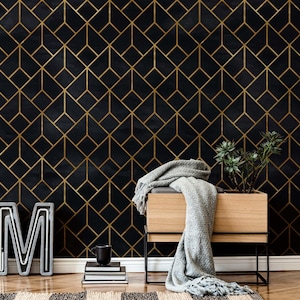 Black Gold Geometric Wallpaper Peel and Stick Abstract Pattern Room Decor