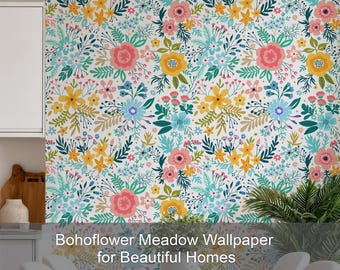 Papel pintado floral brillante / Papel pintado autoadhesivo colorido / Mural floral maximalista para la decoración de la sala de estar