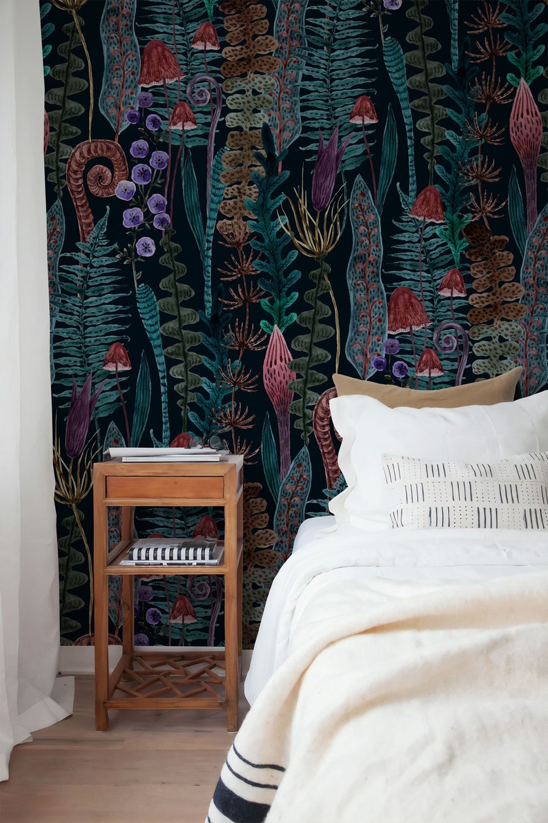 Black Secret Garden Peel and Stick Wallpaper Dark Cottagecore Etsy