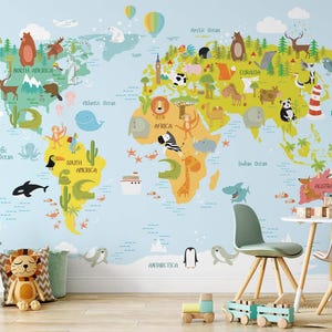 May include: A light blue wall mural featuring a colorful world map with cartoon animals, trees, and landmarks placed across the continents. The map includes labels for North America, South America, Africa, Eurasia, Australia, and Antarctica.