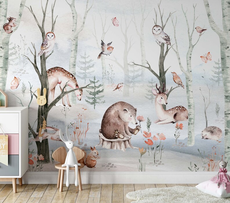 Woodland Wallpaper Cute Forest Animals Mural Animal Etsy