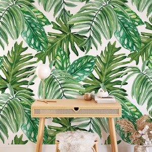 Large Leaf Tropical Wallpaper, Palm Tree Peel and Stick Wallpaper, Botanical Wallpaper, Jungle Wallpaper, Home Decor, Living Room Wallpaper