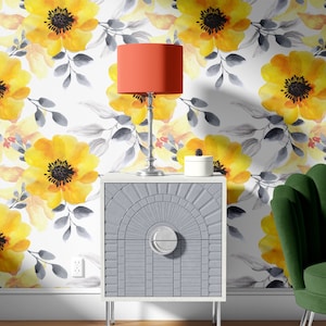 Large Yellow Flowers Removable Wallpaper, Floral Smooth Temporary Wallpaper, Peel and Stick Wall Mural, Bathroom Waterproof Wall Cover,