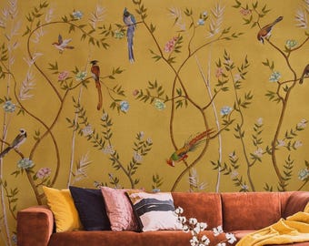 Golden Birds Floral Wallpaper Chinoiserie Botanical Mural Removable Wall Art Living Room