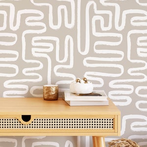Simple and Chic Bedroom Wallpaper, Boho Mural Wallpaper, Scandinavian Line Art Wall Mural, Beige Wallpaper for a Modern Living Room