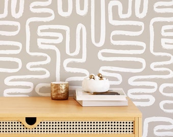 Simple and Chic Bedroom Wallpaper, Boho Mural Wallpaper, Scandinavian Line Art Wall Mural, Beige Wallpaper for a Modern Living Room