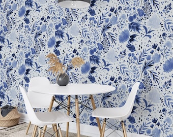 Blue Floral Watercolor Peel and Stick Wallpaper Botanical Flower Wall Mural Removable Self Adhesive Nature Wall Decor for Bedroom