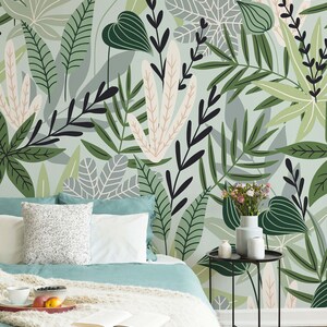 Removable tropical wallpaper, Green leaves Wallpaper, Home tropical decor, Botanical vinyl wallpaper, Tropical wall mural, Jungle wallpaper