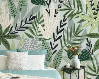 Removable tropical wallpaper, Green leaves Wallpaper, Home tropical decor, Botanical vinyl wallpaper, Tropical wall mural, Jungle wallpaper