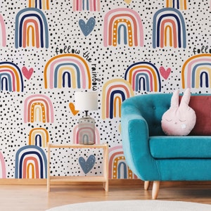 Rainbow Wallpaper for Kid’s Room, Peel and Stick Nursery Wallpaper, Bright Rainbow Dot Wall Decal, Self-Adhesive, Washable Wall Décor