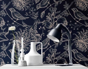 Blue Wallpaper, Aviary Decor Navy Floral Wallpaper, Blue Birds Peel and Stick Wallpaper, Removable Wallpaper With Birds, Living Room Decor