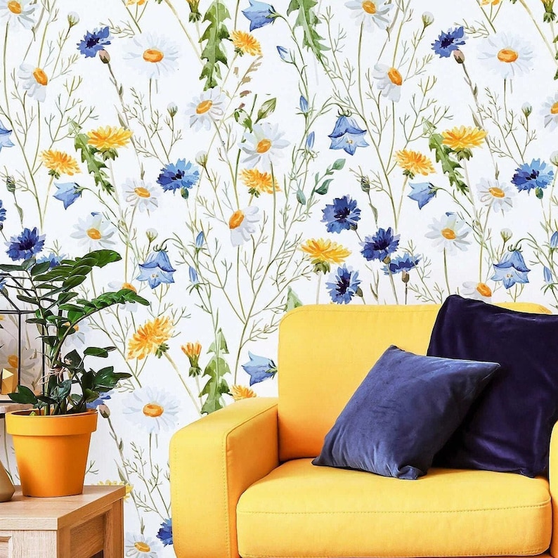 Watercolor Wildflower Wallpaper Yellow Floral Wallpaper Abstract ...