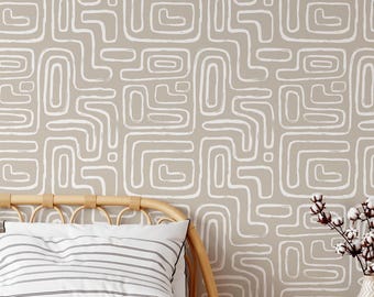 Beige Abstract Geometric Peel and Stick Wallpaper – Boho Removable Wall Decor
