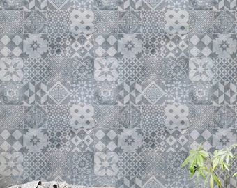 Grey Talavera Tile Wallpaper Geometric Pattern Peel and Stick Removable Wall Mural