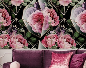 Maximalist Pink Peony Floral Wallpaper Dark Background Peel Stick Wall Decor