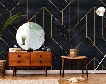 Black Gold Art Deco Geometric Wallpaper Removable Peel and Stick Decor G004D