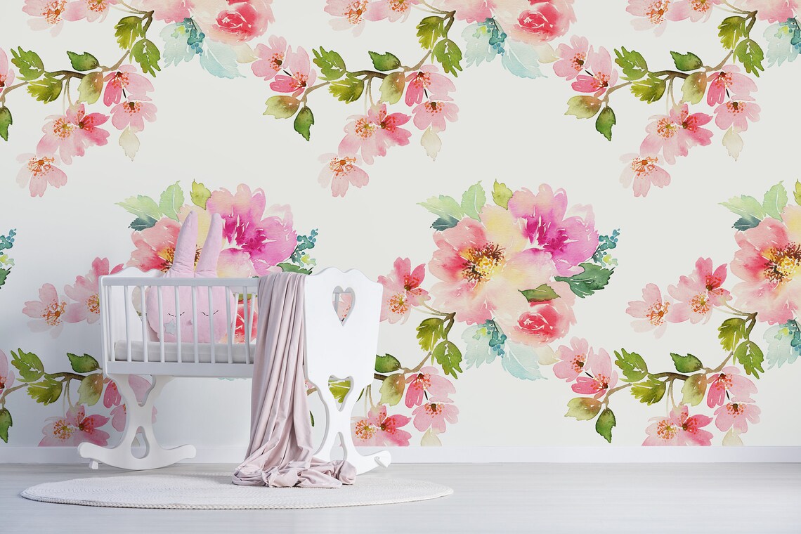 Peel & Stick Wallpaper Blush Pink Floral Watercolor Wallpaper | Etsy
