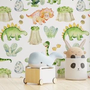 Dino Kids Wallpaper for Nursery, Peel and Stick Animals Wall Mural, Kids room or playroom Wallpaper Washable, Self Adhesive Wallpaper MK004