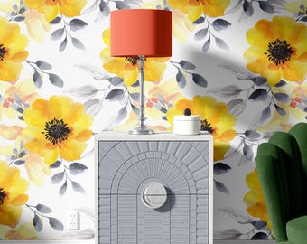 Large Yellow Floral Removable Wallpaper, Watercolor Peel and Stick Wall Mural