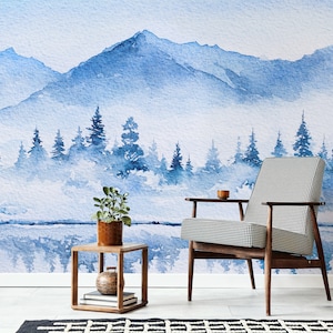Winter Mountain Wallpaper Mural, Blue Ombre Watercolor Landscape Wallpaper, Snowy Pine Trees Wallpaper, Nature Wallpaper Peel and Stick S004