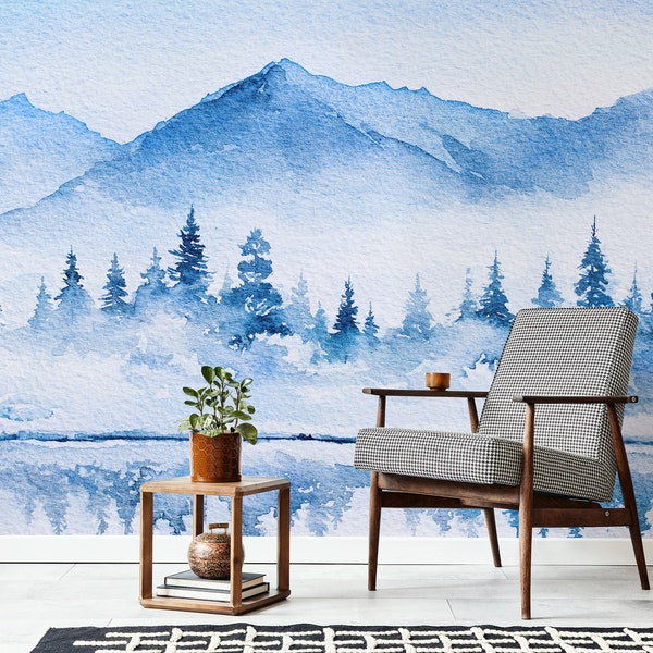 Winter Mountain Wallpaper Mural, Blue Ombre Watercolor Landscape Wallpaper, Snowy Pine Trees Wallpaper, Nature Wallpaper Peel and Stick S004