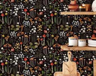 Dark Botanical Mushroom Wallpaper, Cottagecore Forest Fungi Removable Decor