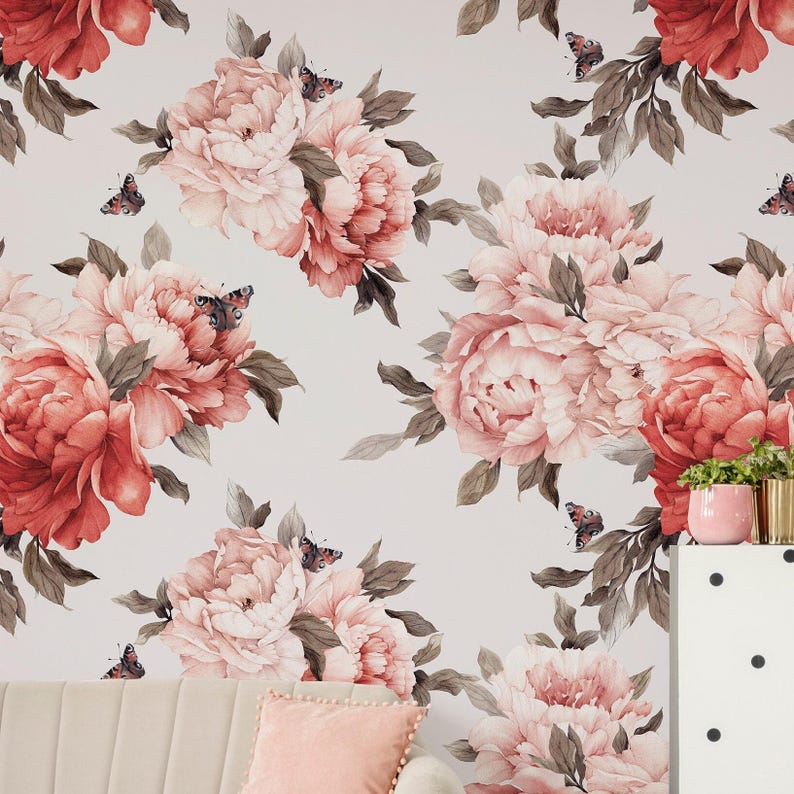 Blush Pink Peony Floral Removable Wallpaper, Boho Botanical Wall Mural ...