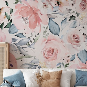 Rose Wallpaper, Peel and Stick Pink Floral Wall Decor for Livingroom, Vintage Floral Wallpaper, Custom Pink and Blue Livingroom wallpaper