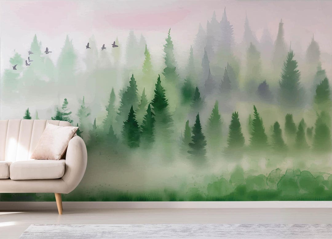 Landscape Wallpaper in Peel and Stick Featuring Misty Forest Pine Tree ...