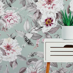 Mint green Floral wallpaper, Peel and Stick boho Floral wallpaper, French wallpaper, Roses and butterfly Wallpaper, Blossom wallpaper