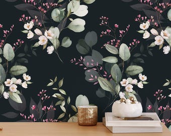 Dark Floral Wallpaper, Moody Botanical Wall Mural, Peel and Stick or Removable, Home Decor Wallpaper