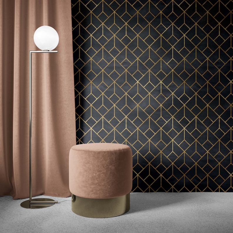 Geometric Removable Wallpaper Black & Gold Wall Decor Peel Etsy
