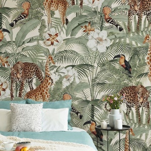 Nursery Tropical Wallpaper, Wild Animals Mural, Peel and Stick, Non Toxic Wallpaper, Self adhesive Kids Wallpaper,  Palm tree wallpaper