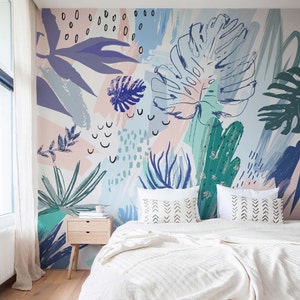Watercolor Blue and Purple Tropical mural, Vinyl Wallpaper for Walls, Self Adhesive Paper, Textured Wallpaper, Bedroom botanical wall decor