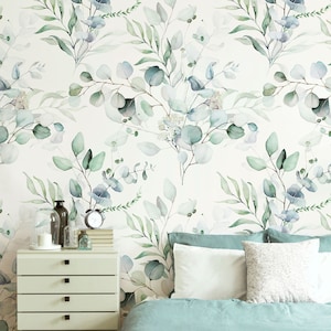 Watercolor Leafy Wallpaper, Botanical Wall Covering, Self Adhesive Wallpaper, Livingroom Wall Decor, Peel and Stick Wallpaper Nursery