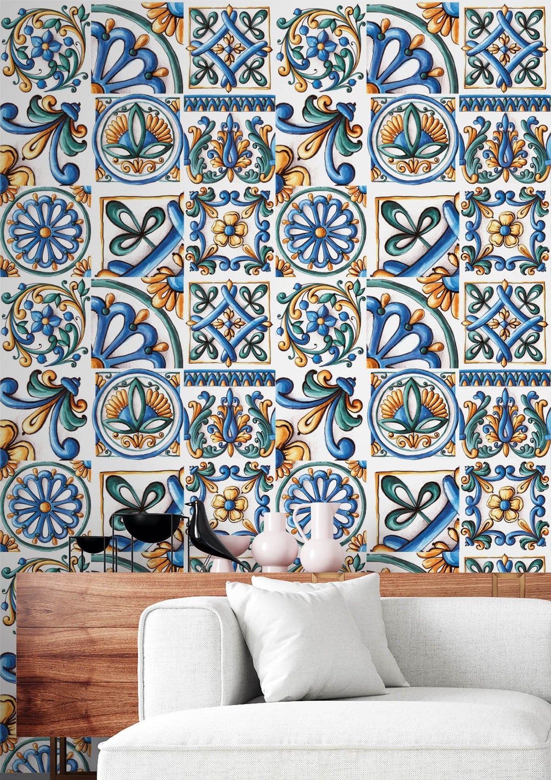 Blue and Yellow Tile Wallpaper Peel and Stick Repositionable Talavera
