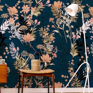 Dark Blue Floral Wallpaper, Blue Botanical Wallpaper, Boho Wallpaper for Livingroom, Vintage Peel Stick Wallpaper, Dark Moody Wallpaper