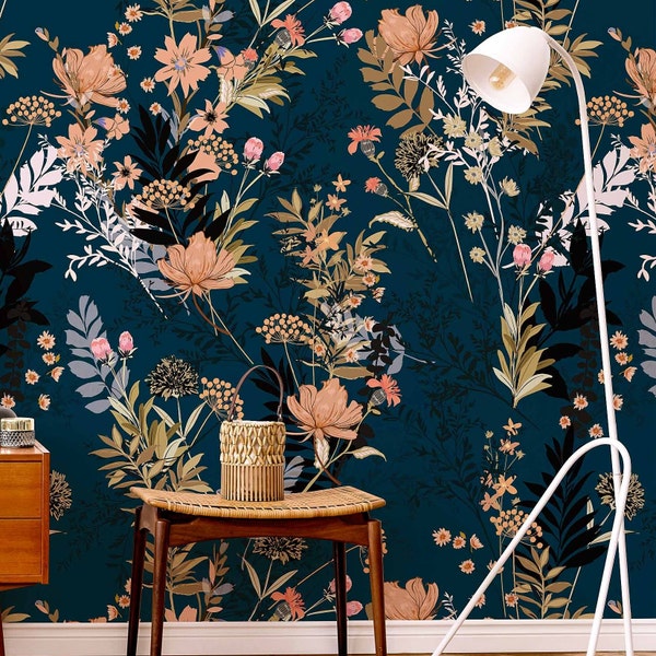 Dark Floral Wallpaper, Navy Blue Floral Removable Wallpaper, Botanical Wallpaper,  Blue Peel And Stick Wallpaper, Dark Wallpaper, Home Deco