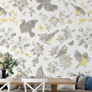 Birds and White Bloom Removable Wallpaper, Yellow Butterfly Peel and Stick Wall Mural, Floral Watercolor Vintage Wallpaper, Botanical Mural