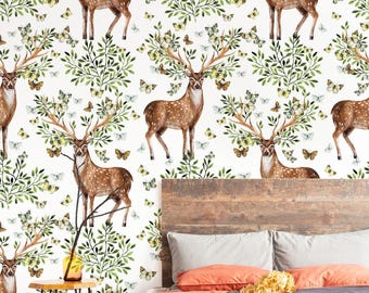 Deer Woodland Forest Wallpaper Cottagecore Animals Mural Green Nature Scene