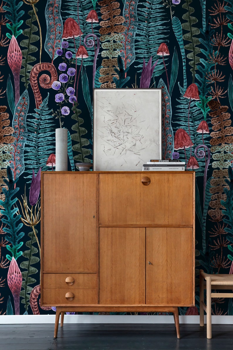 Black Secret Garden Peel and Stick Wallpaper Dark Cottagecore Etsy