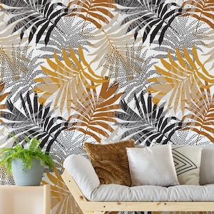 Boho Tropical Wallpaper Peel and Stick, Gold Brown Palm Leaves Self Adhesive Wall Decal for Living Room, Cozy Hippie Home Wall Mural, T005D